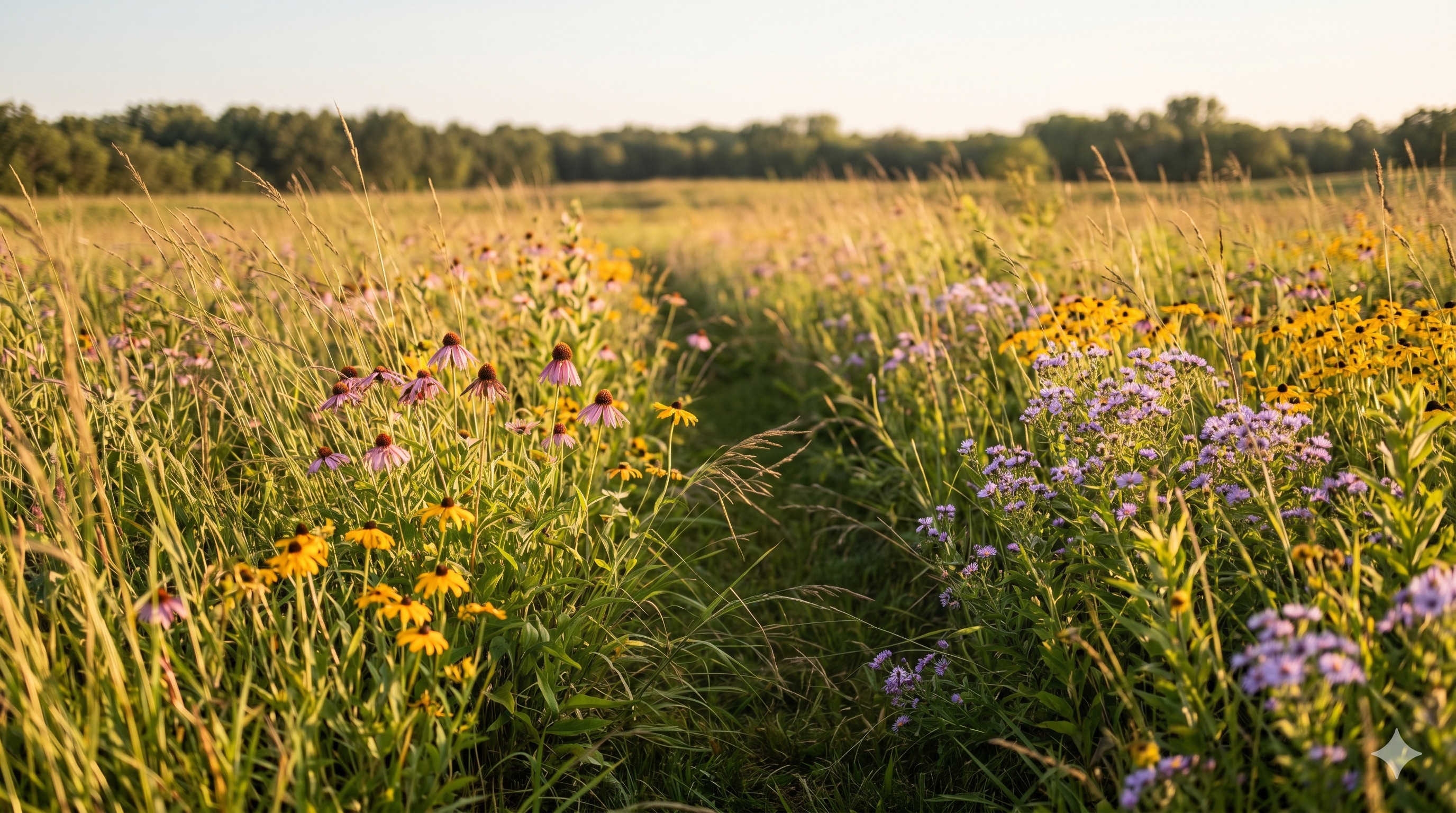A restored native meadow in warm afternoon light